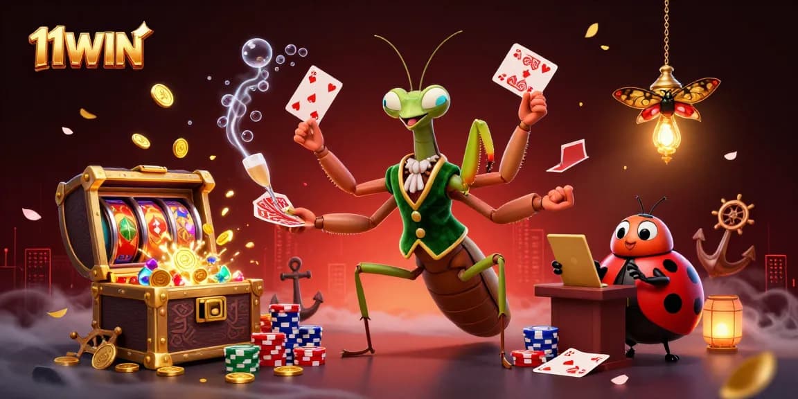 Experience 11WIN with this immersive casino scene showing a mantis card sharp and ladybug pit boss.