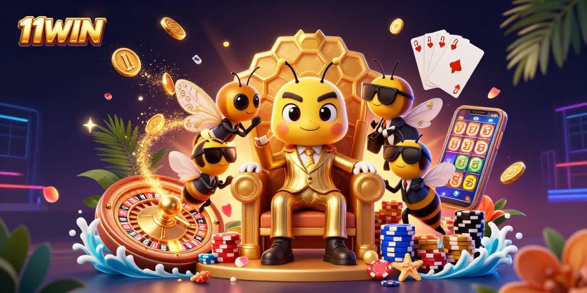 Experience excitement with 11WIN as golden coins and roulette wheels spin around in a vibrant scene.
