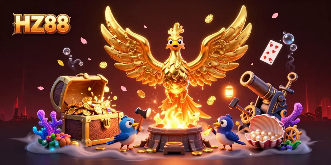 Experience the thrill at HZ88 Casino with vibrant golden phoenix and exciting treasures.