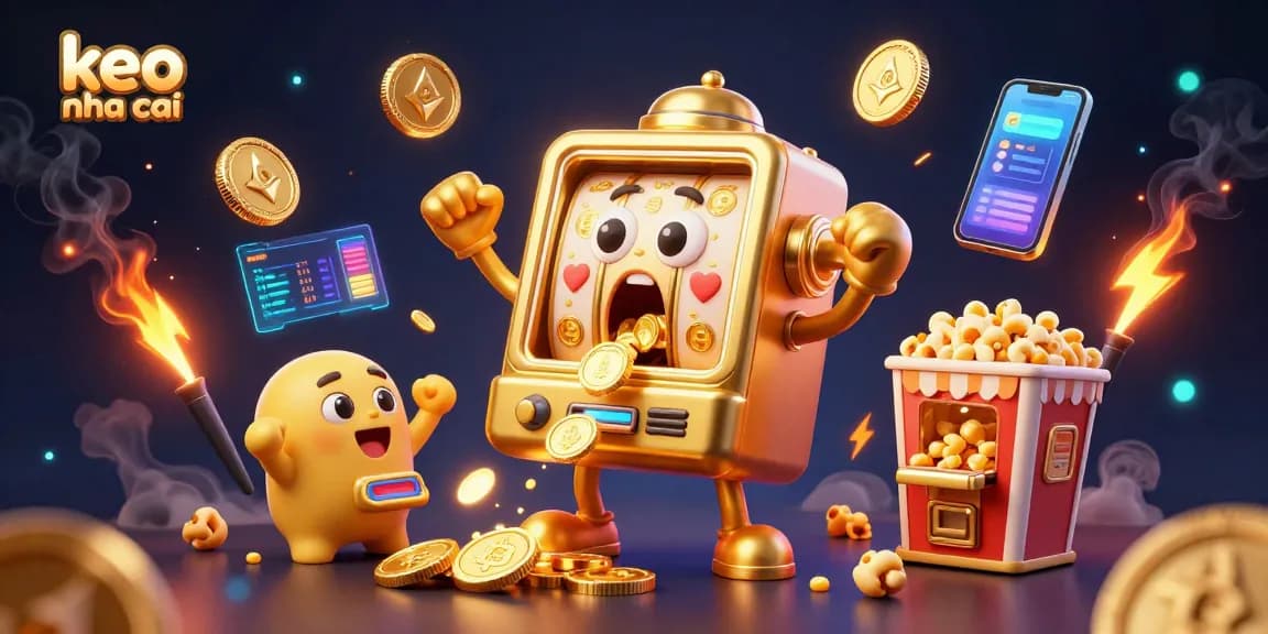 Bettors explore keo nha cai's vibrant slot machine jackpot scene filled with cheering slots and glowing crypto elements.