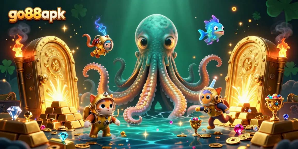 Experience the thrill of gaming with go88apk, featuring an exciting ocean-themed adventure with a kraken, diving cat, and treasure.