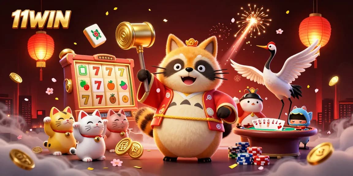 Experience the excitement of 11WIN with a lively 3D casino illustration featuring tanuki and lucky symbols.