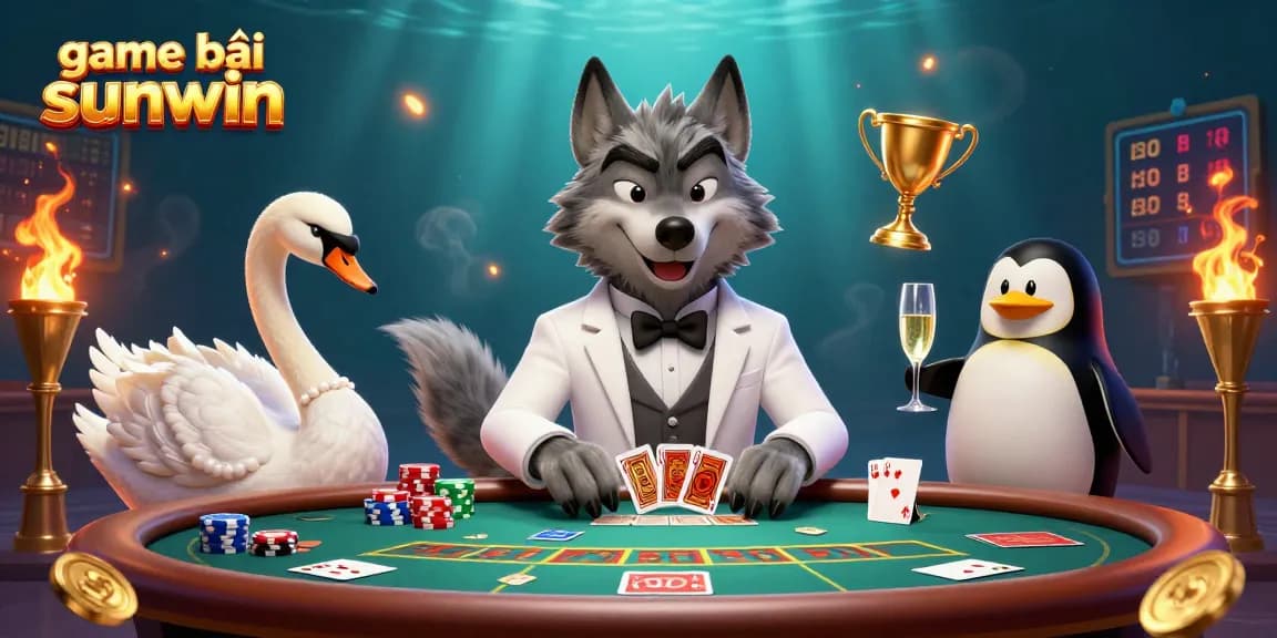 Engage in game bài sunwin with a debonair wolf, a swan dealer, and a penguin sommelier in a lavish casino scene.