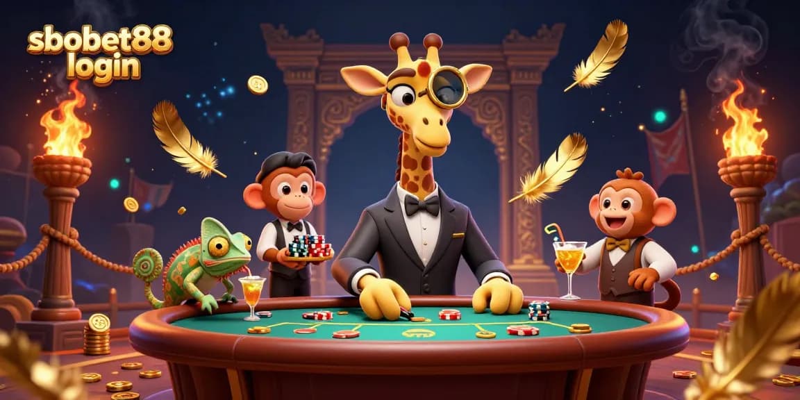 Experience sbobet88 login with vibrant 3D characters at a poker table amidst stunning casino elements.