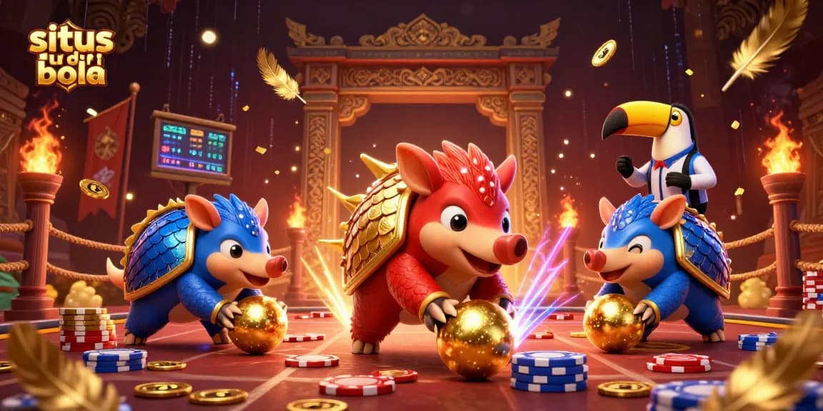 Experience exciting sports betting at situs judi bola with dynamic pangolins rolling golden balls and poker chips.