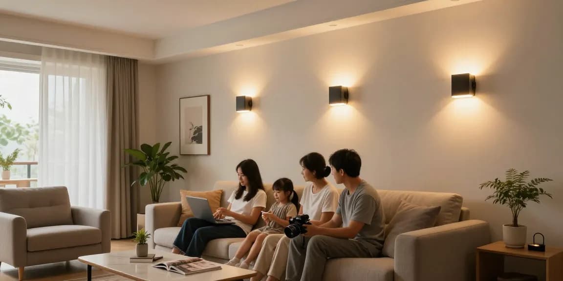 Aplica LED elegante și modernă în interiorul unui living primitor, cu familie adunată.