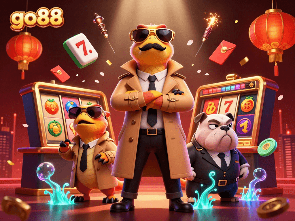 Try your luck with go88 in this vibrant casino scene filled with excitement and colorful slot reels.