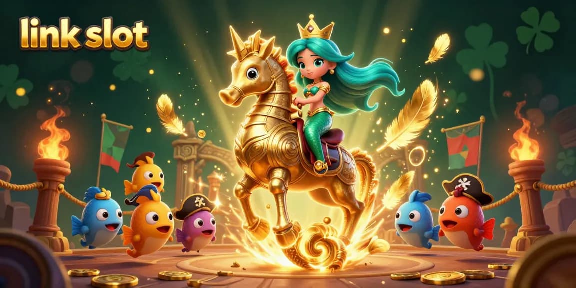 Menangkan jackpots dengan link slot pada ilustrasi kasino yang menampilkan putri duyung dan seahorse emas.