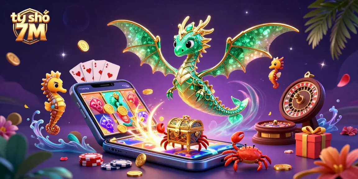 Engage with tỷ số 7M's live sports betting action illustrated in a vibrant 3D scene filled with game elements.