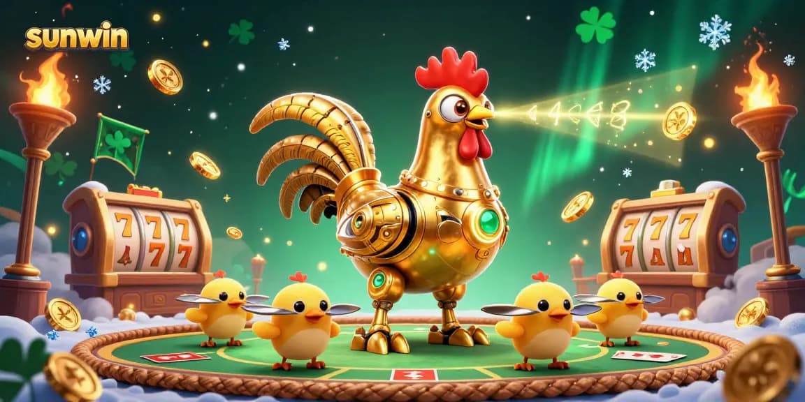 Experience thrilling action with the sunwin casino scene featuring a golden rooster robot amidst dynamic gambling elements.