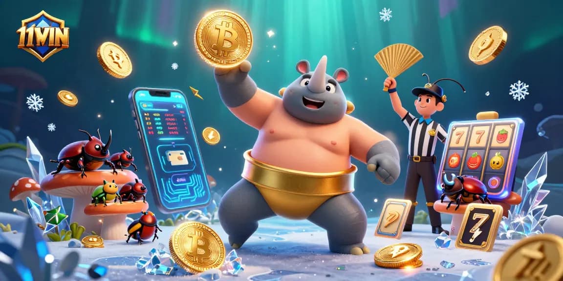 Experience thrilling slot action at 11WIN, featuring a dynamic sumo beetle champion and vibrant crypto elements.