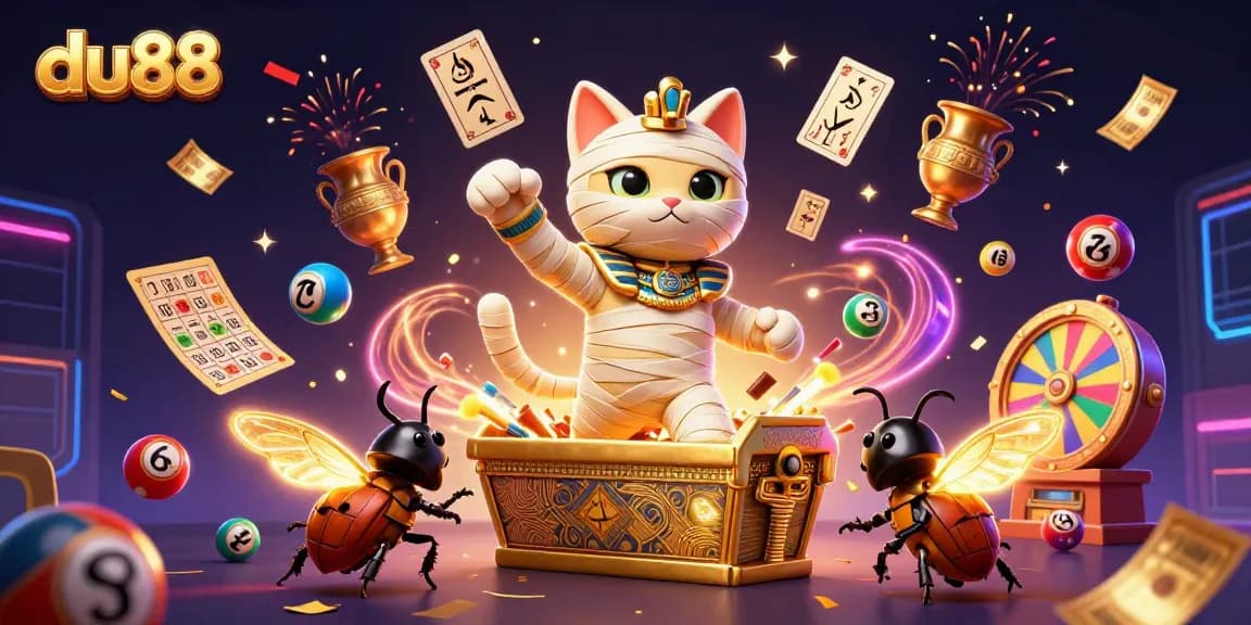 Experience thrilling wins with du88 featuring a cartoon Egyptian mummy cat and golden gaming elements.