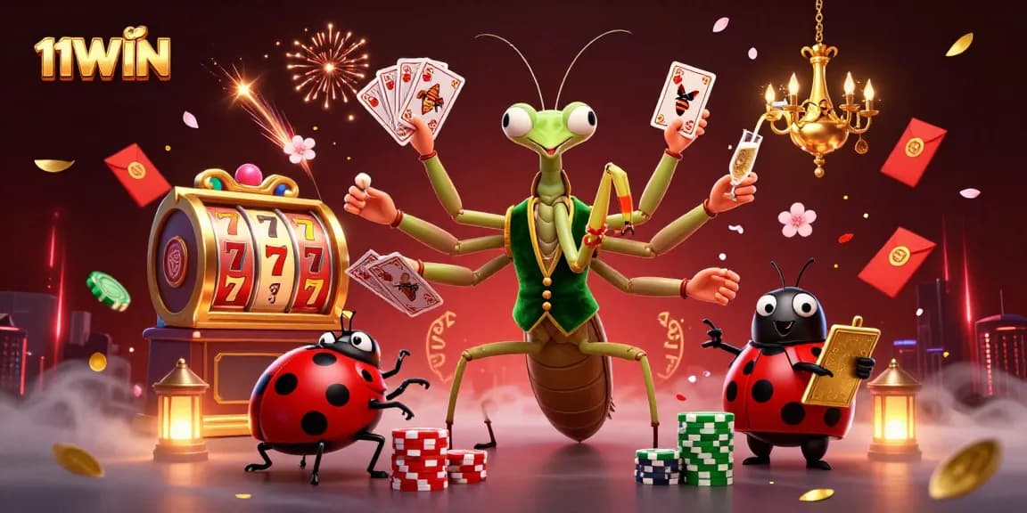 Spin and win with 11WIN's animated praying mantis dealer and vibrant casino elements.