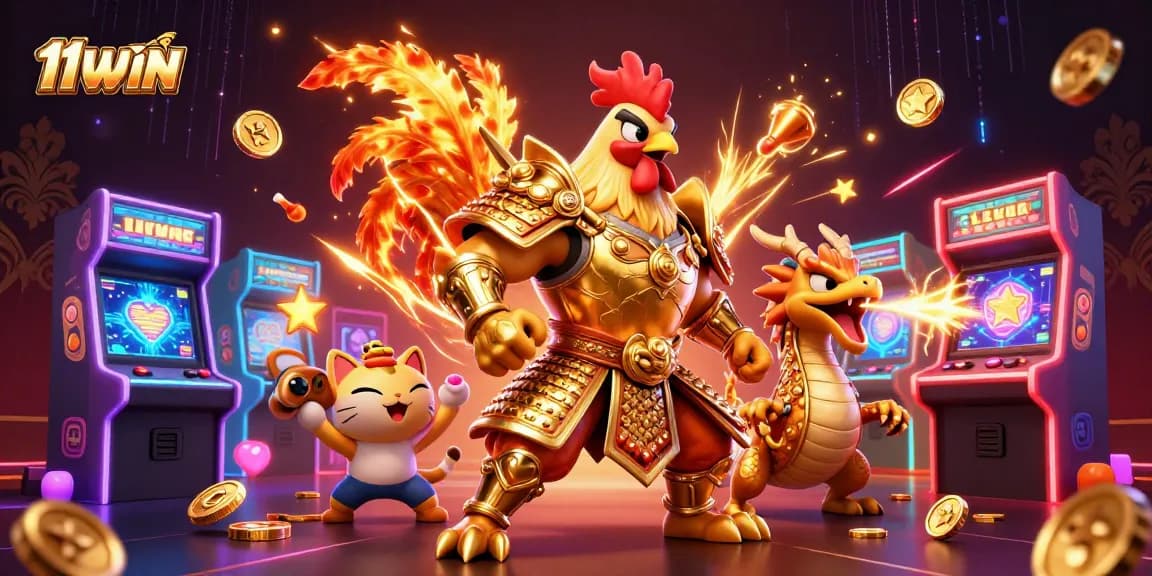 Engage with thrilling gameplay at 11WIN featuring cartoon warrior characters in a dynamic casino scene.