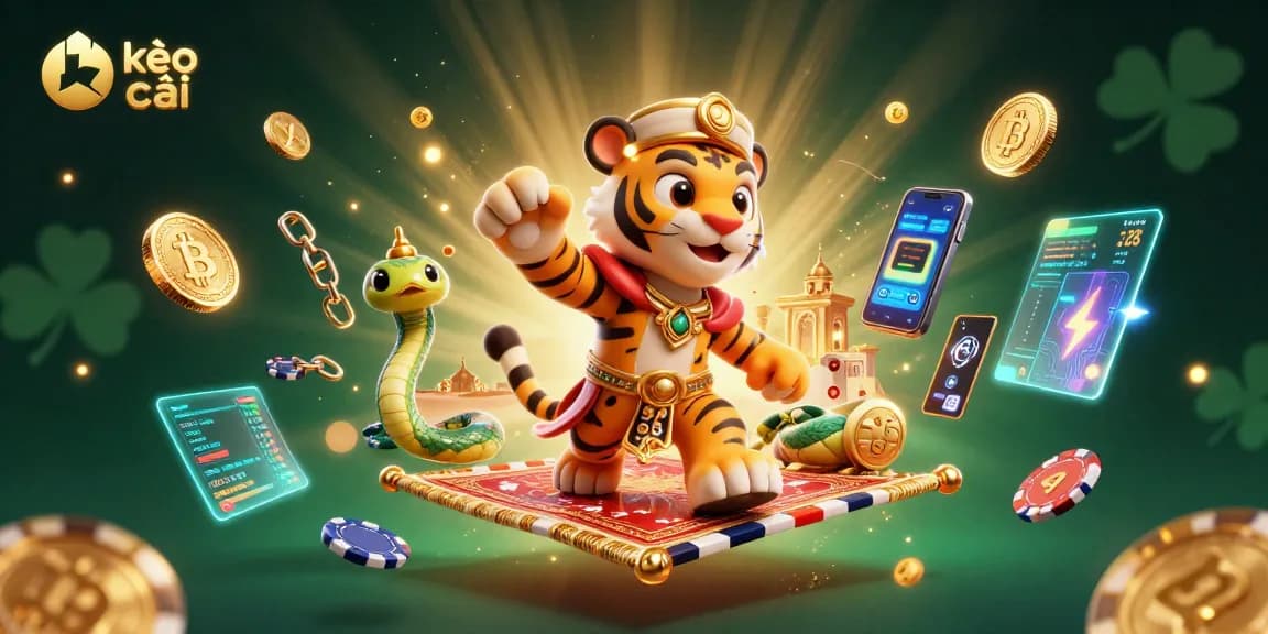 Engage with kèo nhà cái amidst a vibrant, cartoonish casino atmosphere filled with magic and luck.