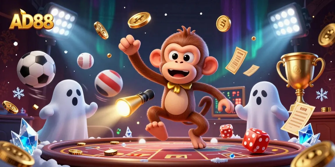 Experience thrilling entertainment with AD88's dynamic casino scene featuring a playful poltergeist monkey.
