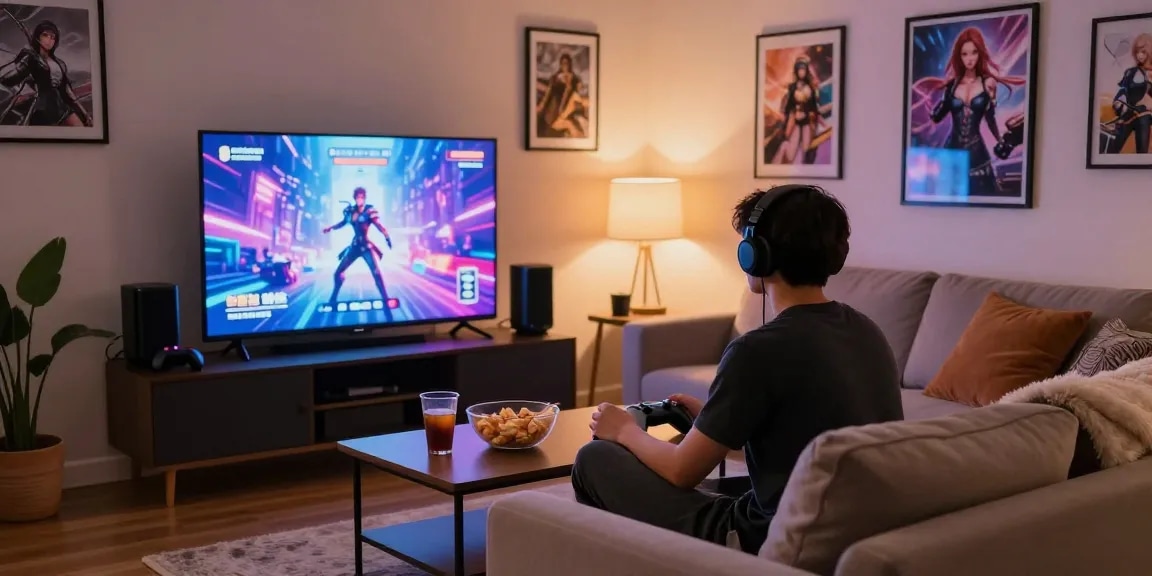 Engaged gamer playing a game hentai title in a cozy living room with snacks and ambient lighting.