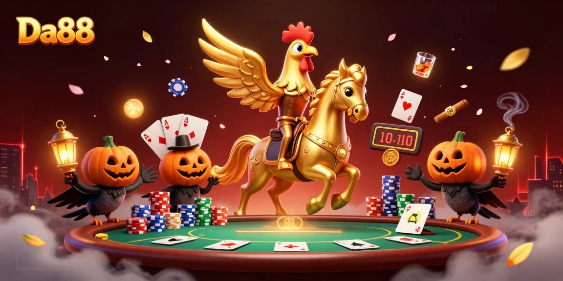 Engage with Da88's thrilling casino adventure featuring a whimsical golden rooster and magical companions.