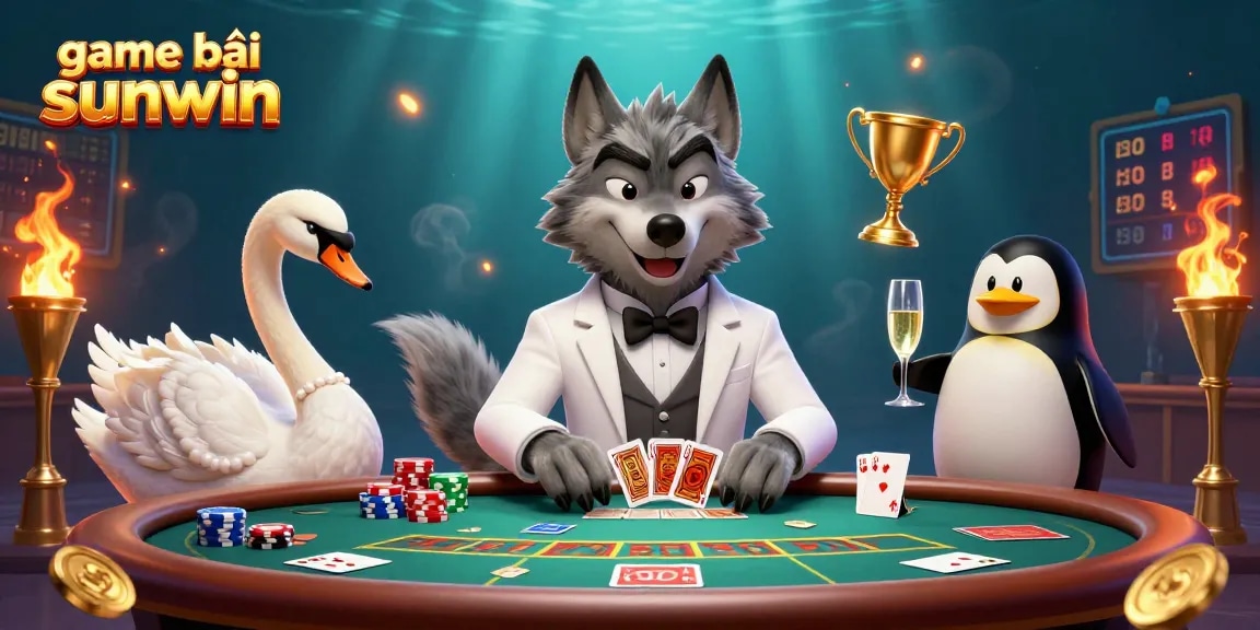 Engage in game bài sunwin with a debonair wolf, a swan dealer, and a penguin sommelier in a lavish casino scene.