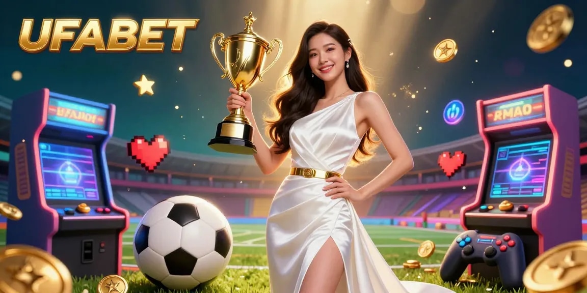 Win big with UFABET's vibrant 3D sports betting illustration featuring a confident winner and casino-themed elements.