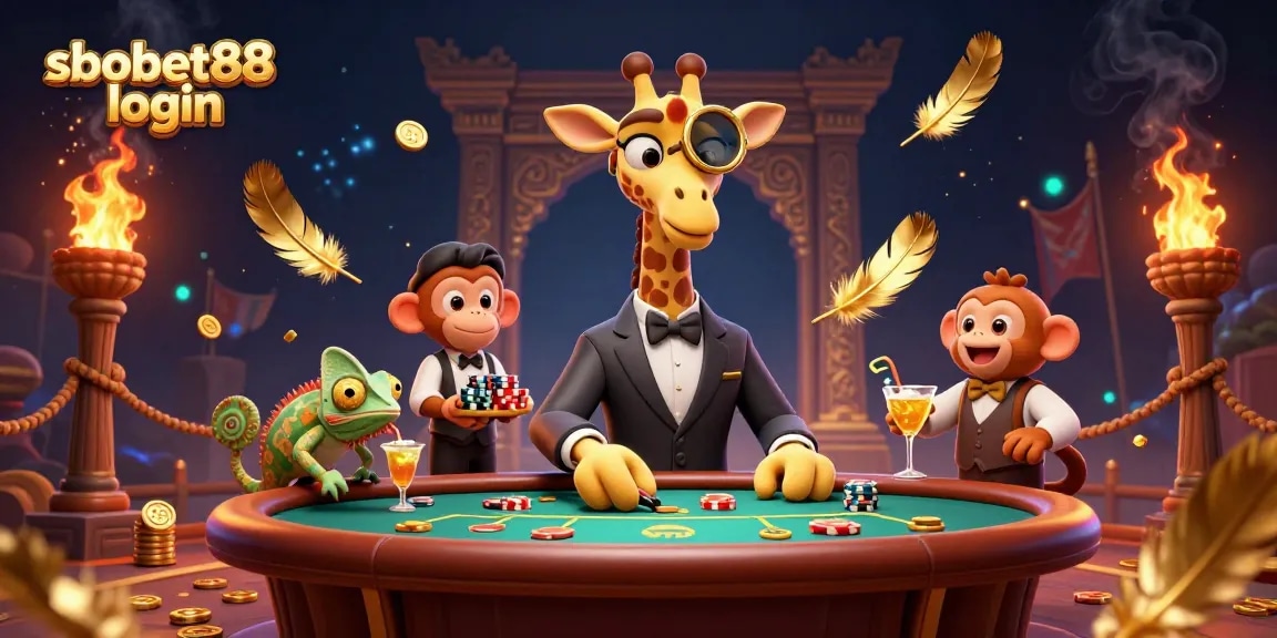 Experience sbobet88 login with vibrant 3D characters at a poker table amidst stunning casino elements.