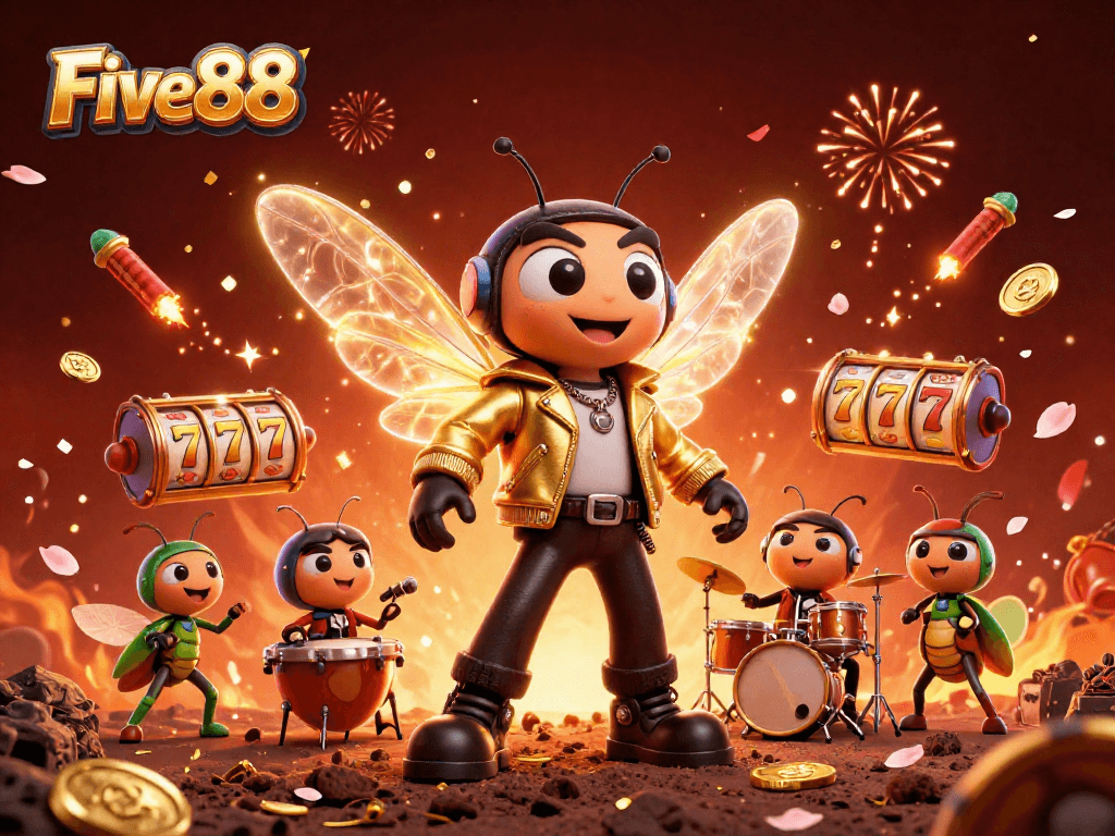 Experience thrilling slots with Five88's vibrant 3D casino party showcasing a rock star cicada!