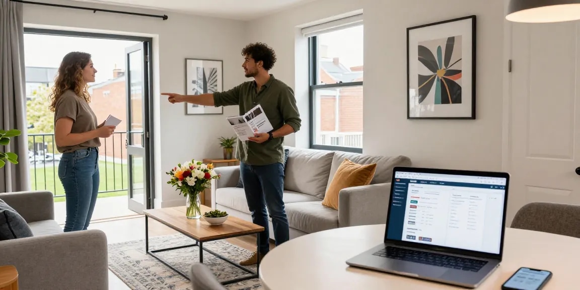 Airbnb co-host services Bristol welcoming host in stylish modern living room, showcasing local attractions and inviting atmosphere.
