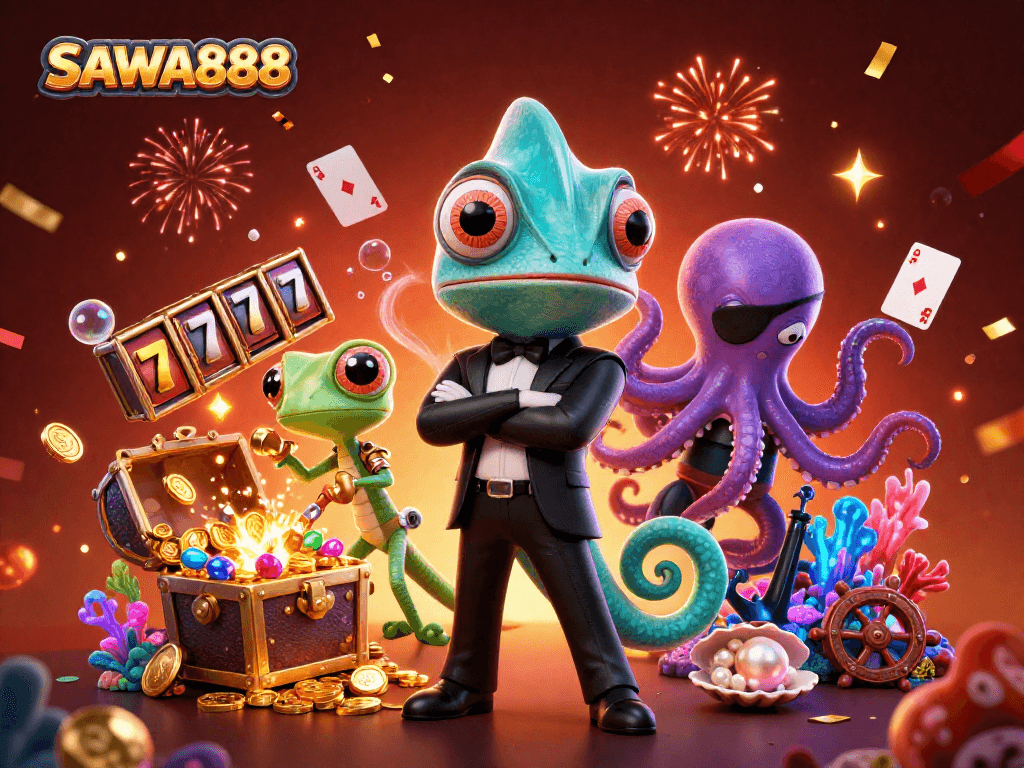 Experience thrilling gameplay with SAWA888 as colorful slot reels and characters interact in vibrant casino scene.