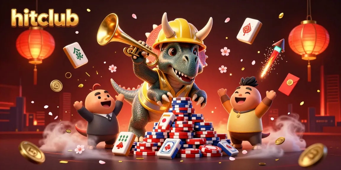 Join the excitement at hitclub with playful dino characters celebrating a poker chip pyramid.