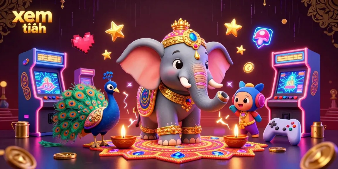 Experience vibrant gaming with xem thêm showcasing a Diwali-themed elephant, arcade machines, and glowing symbols.