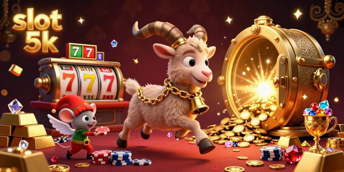 Experience thrilling wins with slot 5k gameplay in a vibrant 3D casino illustration featuring dynamic characters.