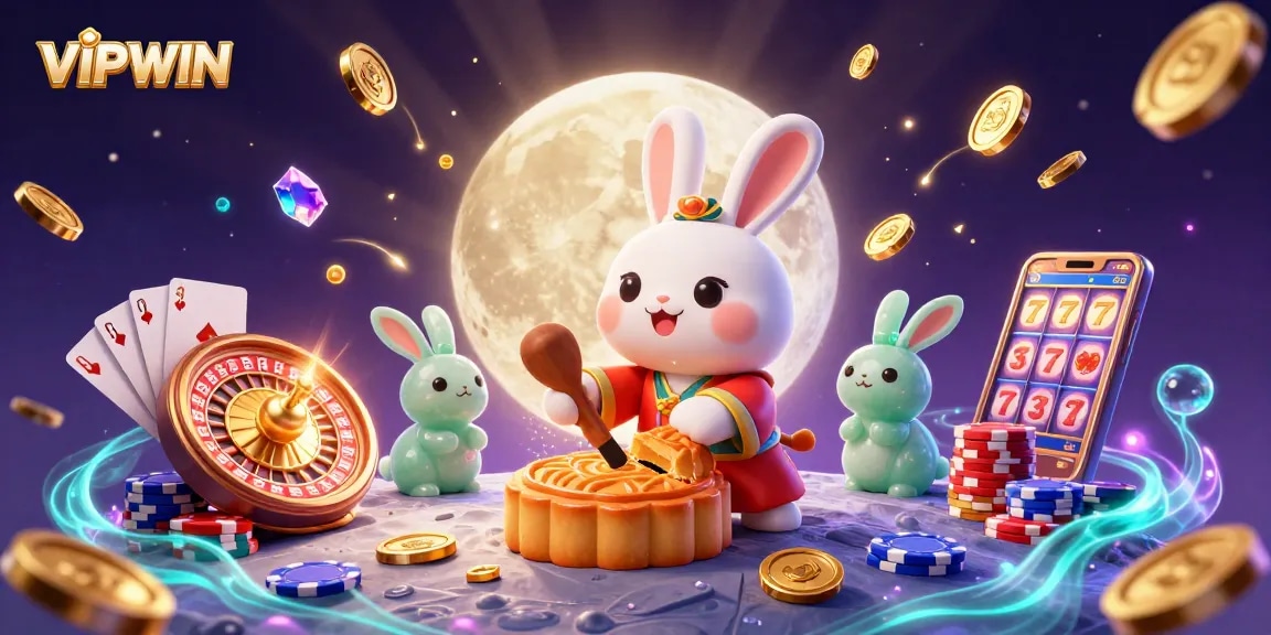 Experience winning moments at VIPWIN with 3D moon rabbit gambling on mooncakes and poker chips.