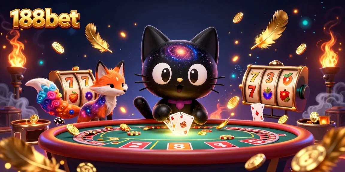 Join the vibrant casino scene with 188bet’s captivating characters pulling in golden chips and cards.