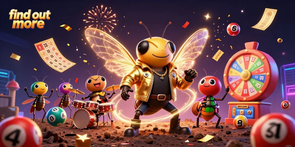Find out more about exciting lottery games with this vibrant 3D illustration featuring a cicada rock star.