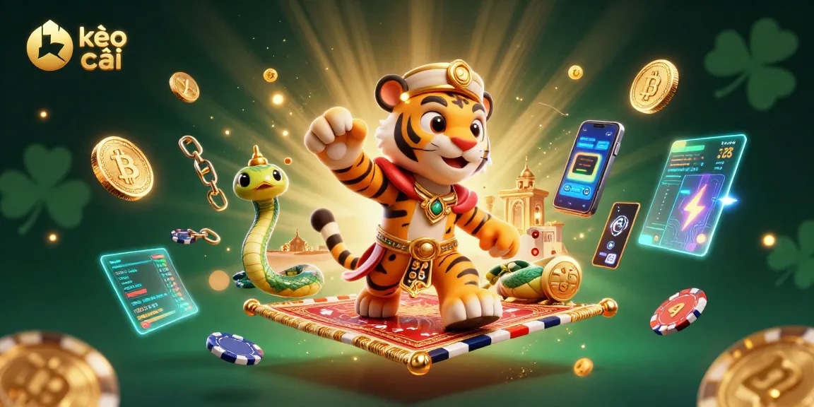 Engage with kèo nhà cái amidst a vibrant, cartoonish casino atmosphere filled with magic and luck.
