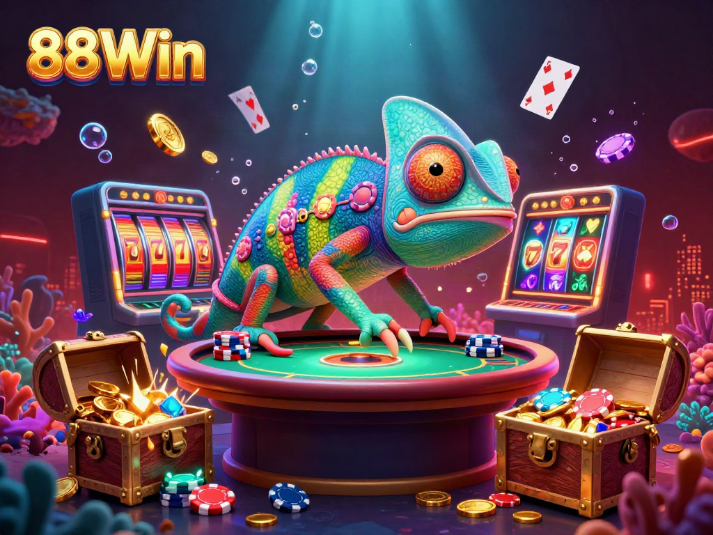 Experience 88Win's vibrant casino atmosphere with a colorful chameleon and dynamic elements.