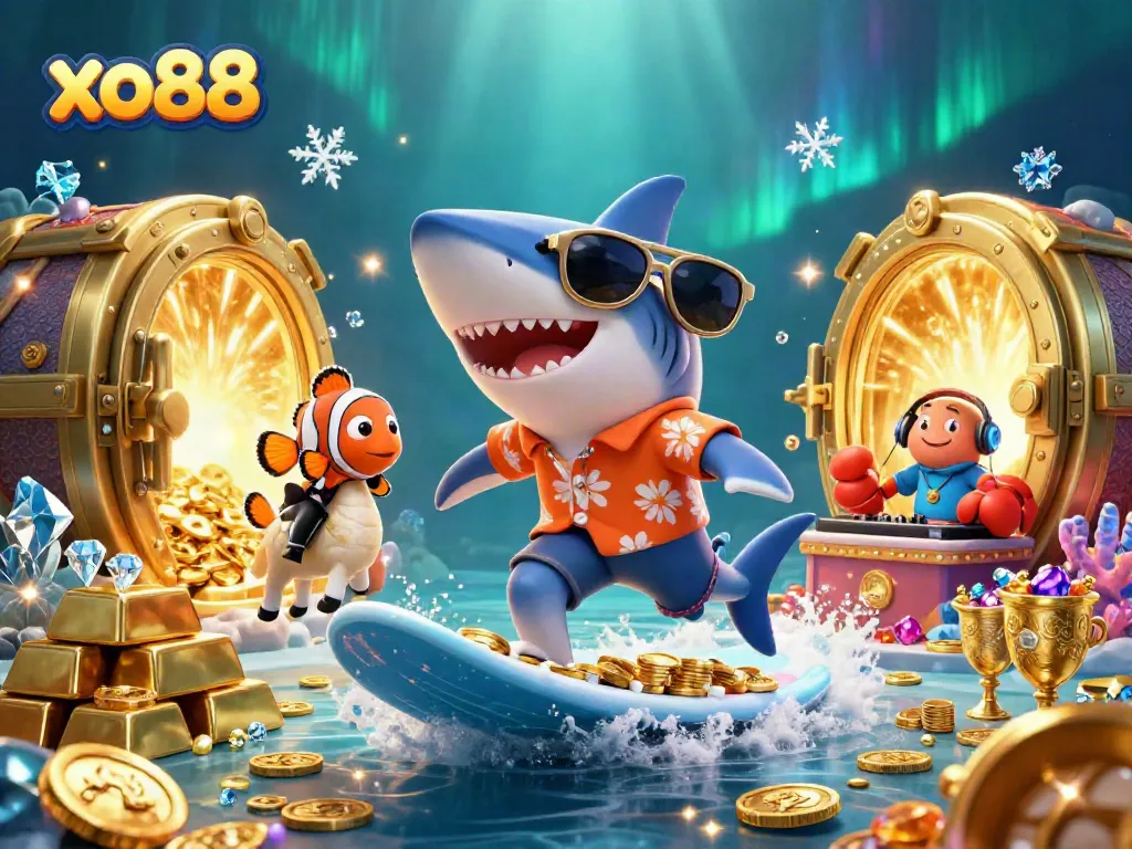 Experience the thrill of xo88 with dynamic characters amidst a treasure-filled casino scene.