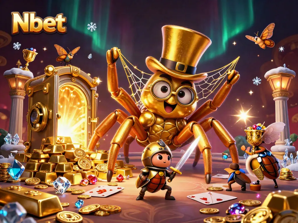 Nbet casino illustration showcasing a giant golden tarantula and beetle knight amid gold bars and playing cards.