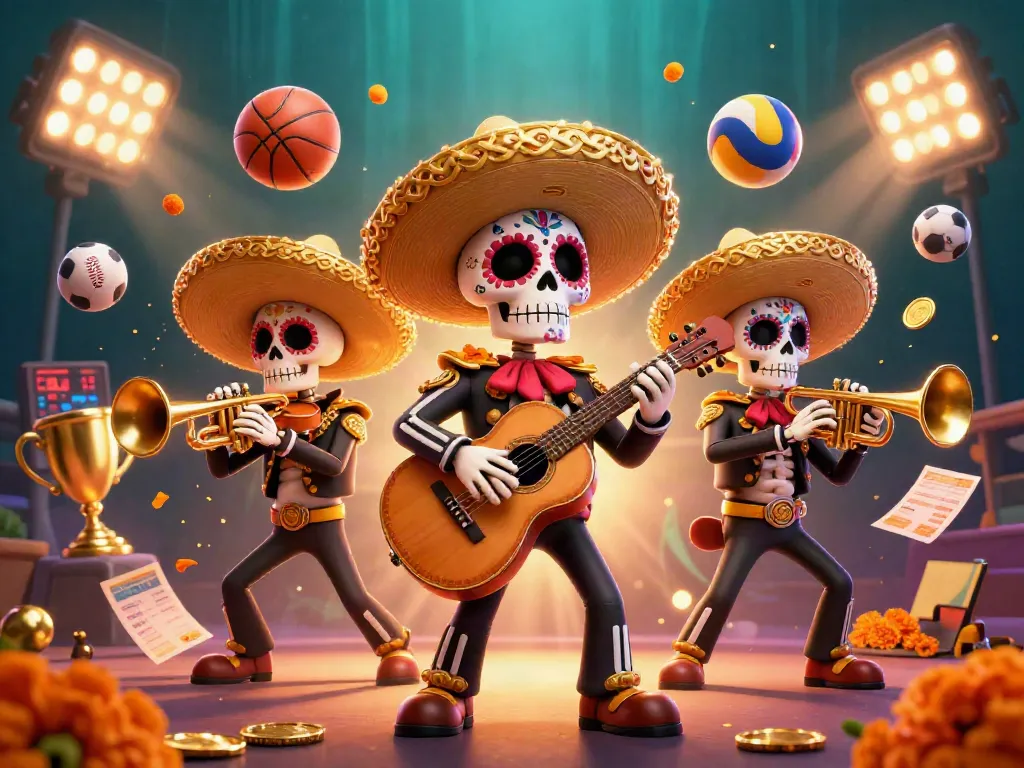 Experience exciting wins with ca cuoc dabet as vibrant skeleton mariachi perform amidst dynamic sports elements.
