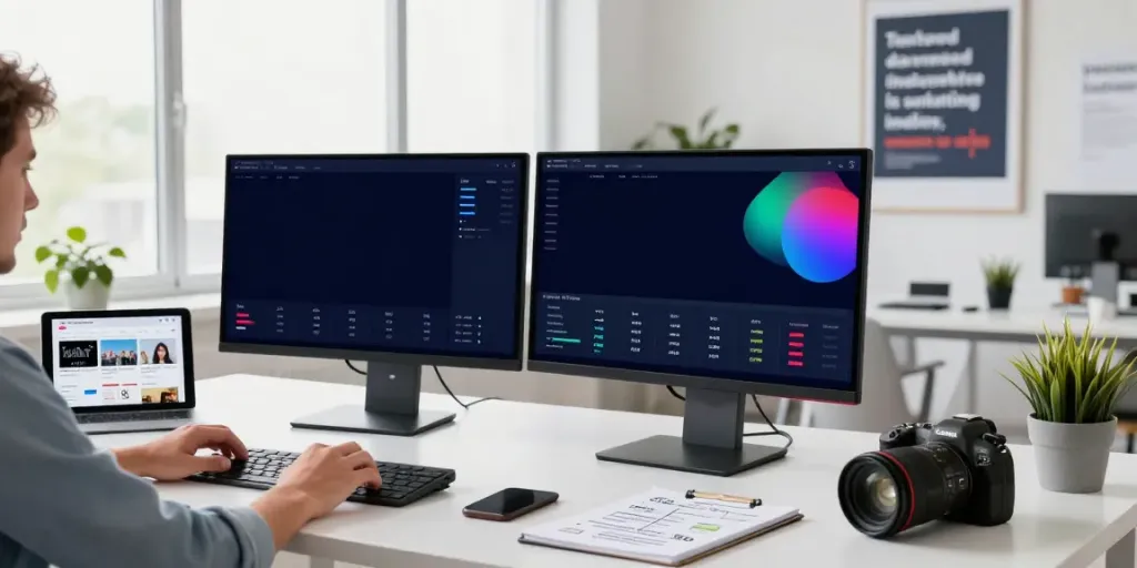 Dynamic workspace illustrating instant indexing in digital marketing, featuring dual screens and real-time data.
