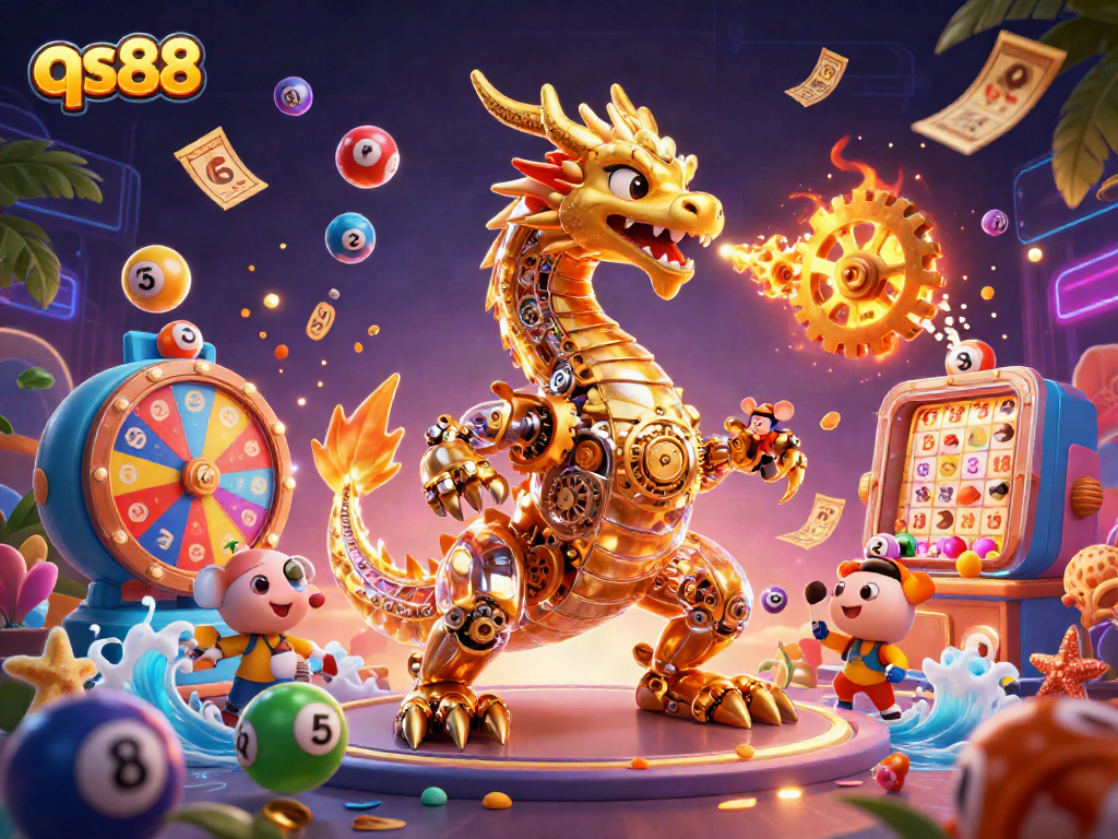 Join the excitement at qs88 while dragon releases golden gears in a vibrant casino scene.