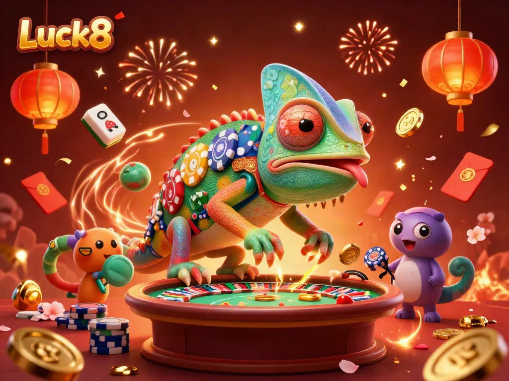 Experience vivid wins with Luck8 as a colorful chameleon casino owner surrounded by festive casino elements.