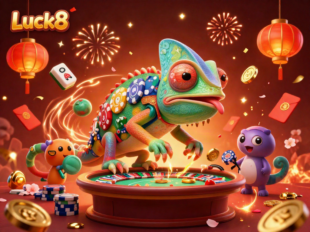 Experience vivid wins with Luck8 as a colorful chameleon casino owner surrounded by festive casino elements.