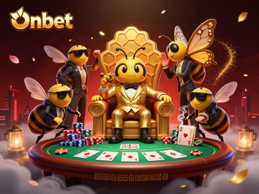 Onbet's vibrant 3D casino scene featuring a bumblebee mob boss and poker action.