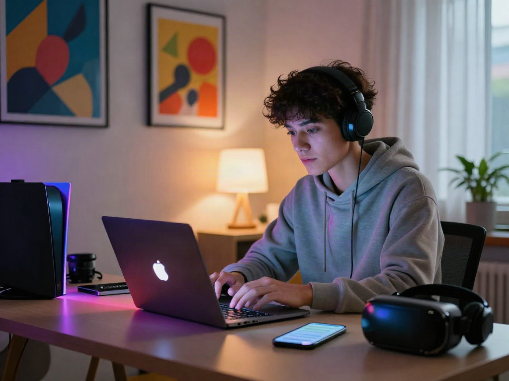 Engaging in nsfw AI chat on a laptop in a cozy home office.
