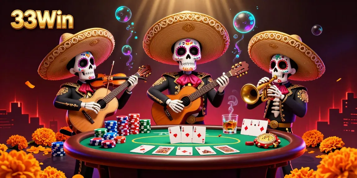 Experience the thrill of 33Win with a lively mariachi band celebrating gaming, amid poker action.