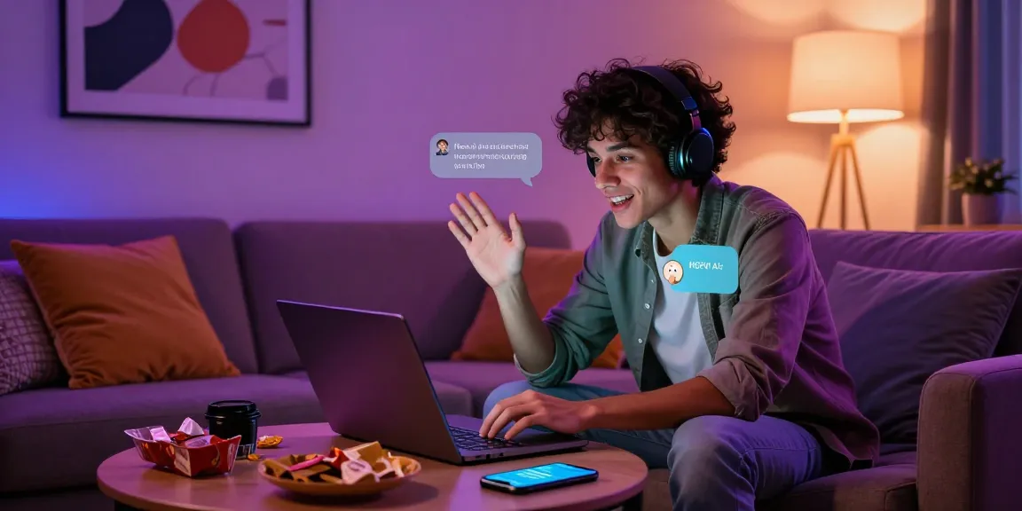 Engaging in nsfw ai chat in a cozy room with vibrant neon lighting.
