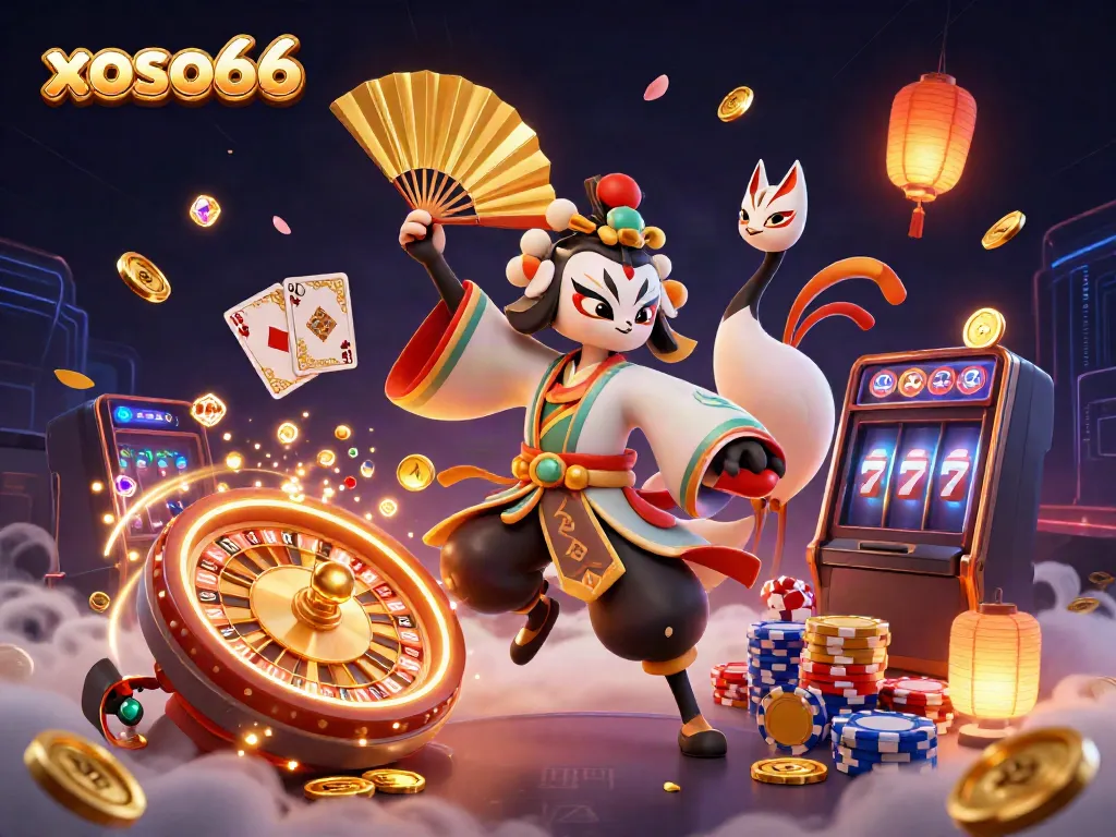 Experience the excitement of xoso66 with kabuki warriors, glowing coins, and dynamic casino elements.