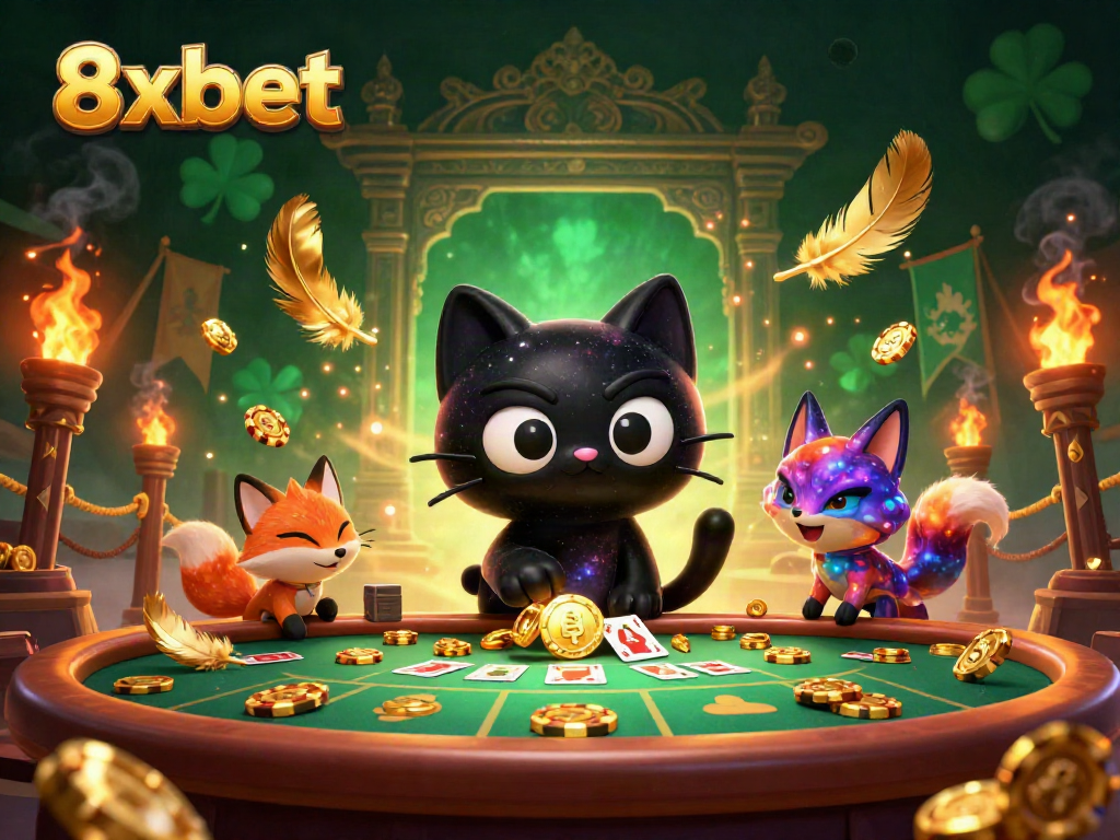 Engage in thrilling gameplay at 8xbet, featuring a black hole cat and nebula fox at a cosmic casino.