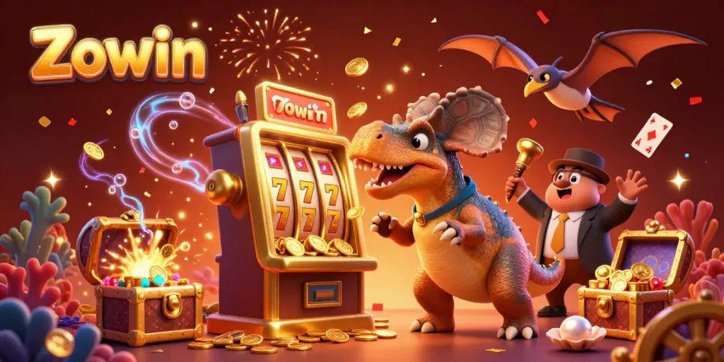 Zowin's dynamic illustration showcasing a pachycephalosaurus jackpot scene with slot machines and vibrant celebrations.